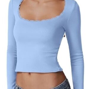 Sky Blue Qinsen Lace Trim Long Sleeve Soft Comfy Crop Top NEE NWT